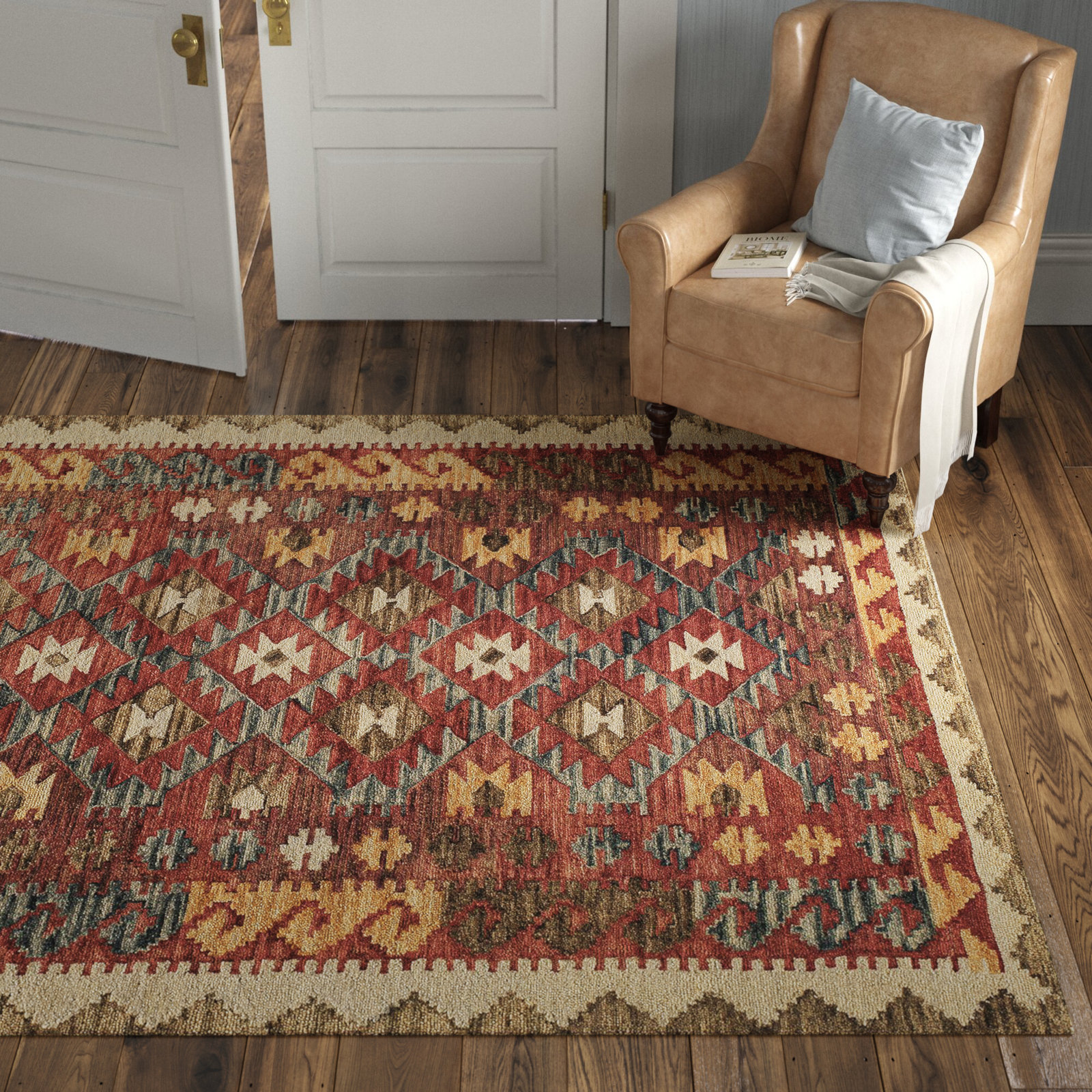 Fiona Red Hand-Tufted Wool Southwestern Rug, Rectangle 5' x 8'