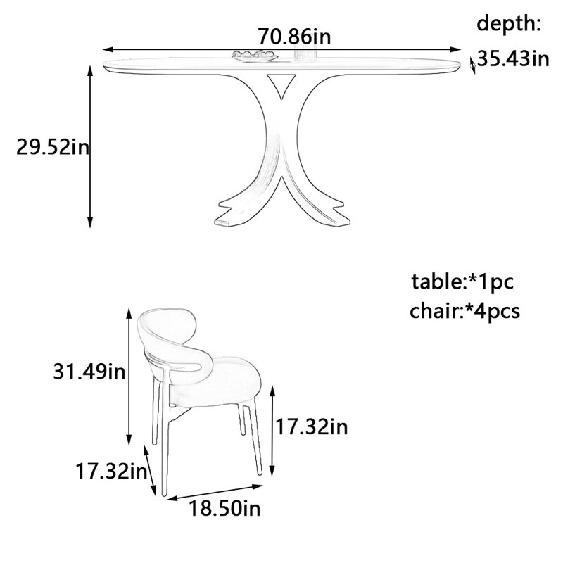 Ensemble de table et chaises de salle à manger rétro vintage, H 29,52 po x L 70,86 po x l 35,43 po