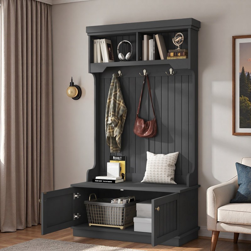 Hall Tree with Storage Shoe Bench, 4-in-1 Entryway Organizer with Coat Hooks, Shoe Cabinet & Display Shelves, Black