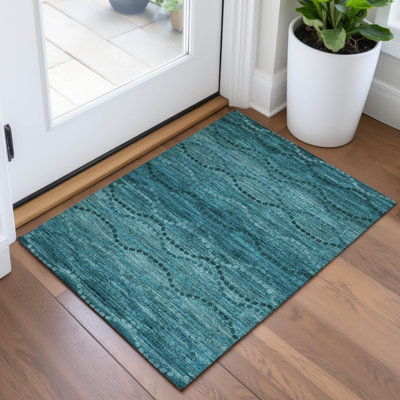 Machine Washable Indoor/Outdoor Xhevrie Turquoise Rug