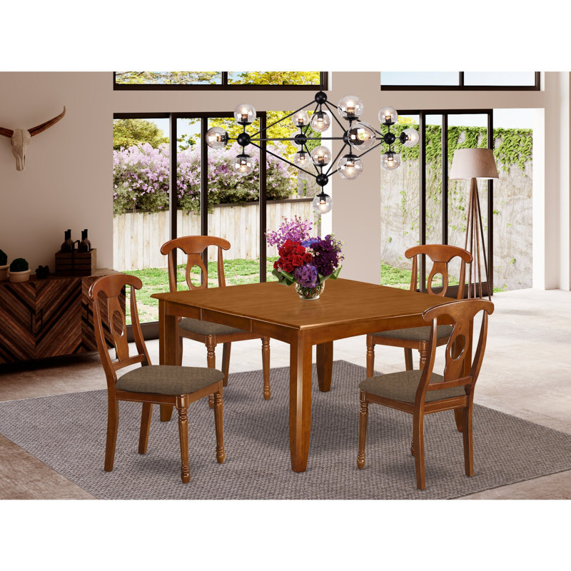 Square Saddle Brown Finish Solid Wood Top Dining table with Chairs with Lattice Back, 5 Pieces: 1 Table, 4 Chairs