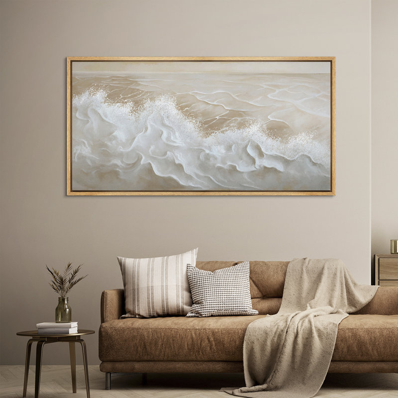 «Neutral Ocean Wave», toile encadrée - art marin côtier beige et blanc, Naturel, H 30 po x l 60 po
