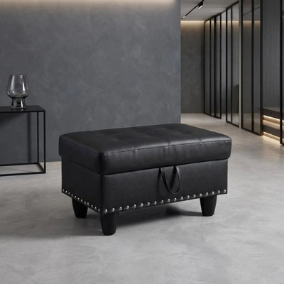 28.5-Inch Black Faux Leather Storage Ottoman