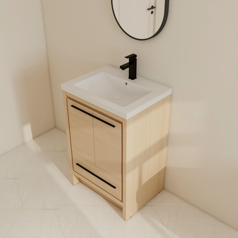 Ensemble de meuble-lavabo simple autoportant 24 po avec lavabo en résine, meuble-lavabo sur pied avec 2 portes et 1 tiroir