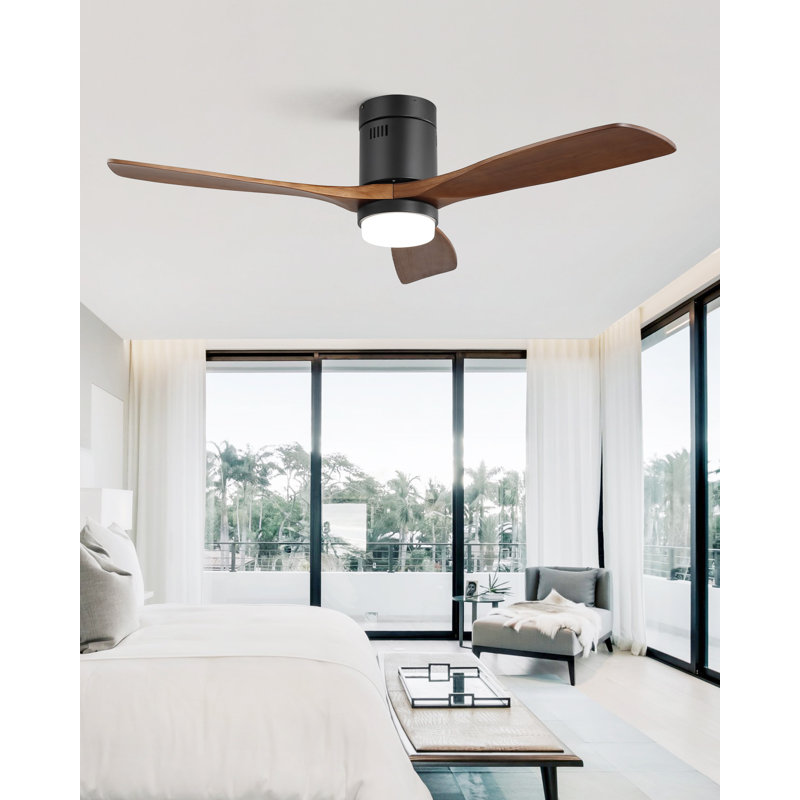 132CM 3 - Blade Wood LED Standard Ceiling Fan with Remote Control and Light Kit Included, Black/Dark Brown Wood Blades