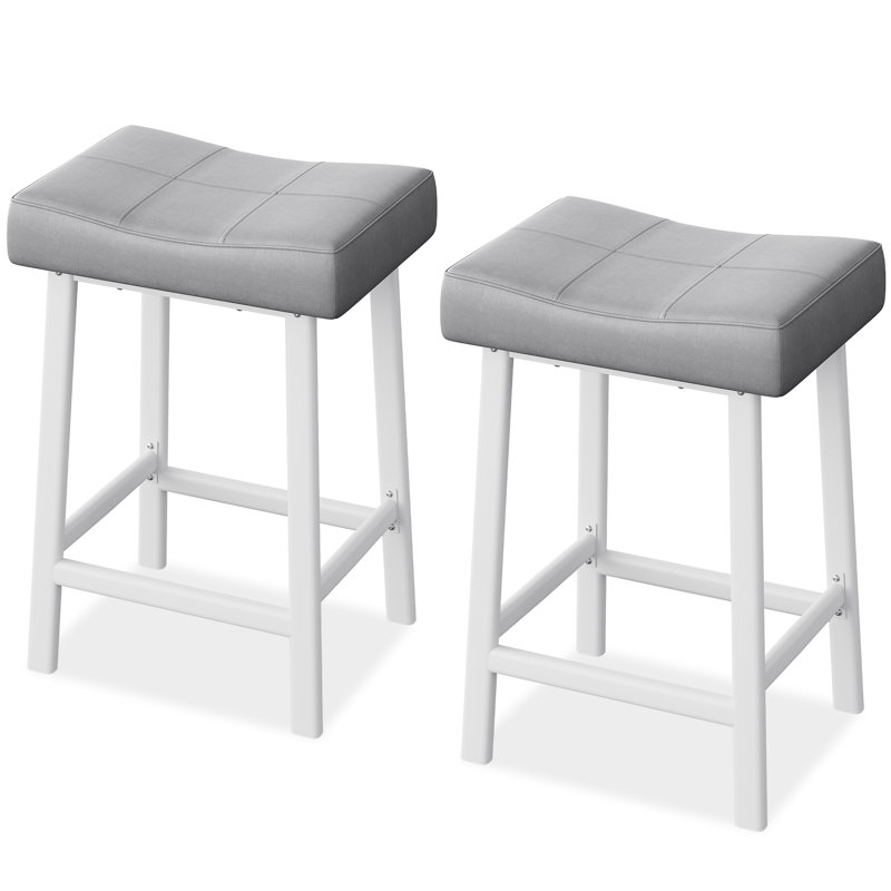 Upholstered Bar Stool with Iron Frame, White + grey cushion, 2 pieces