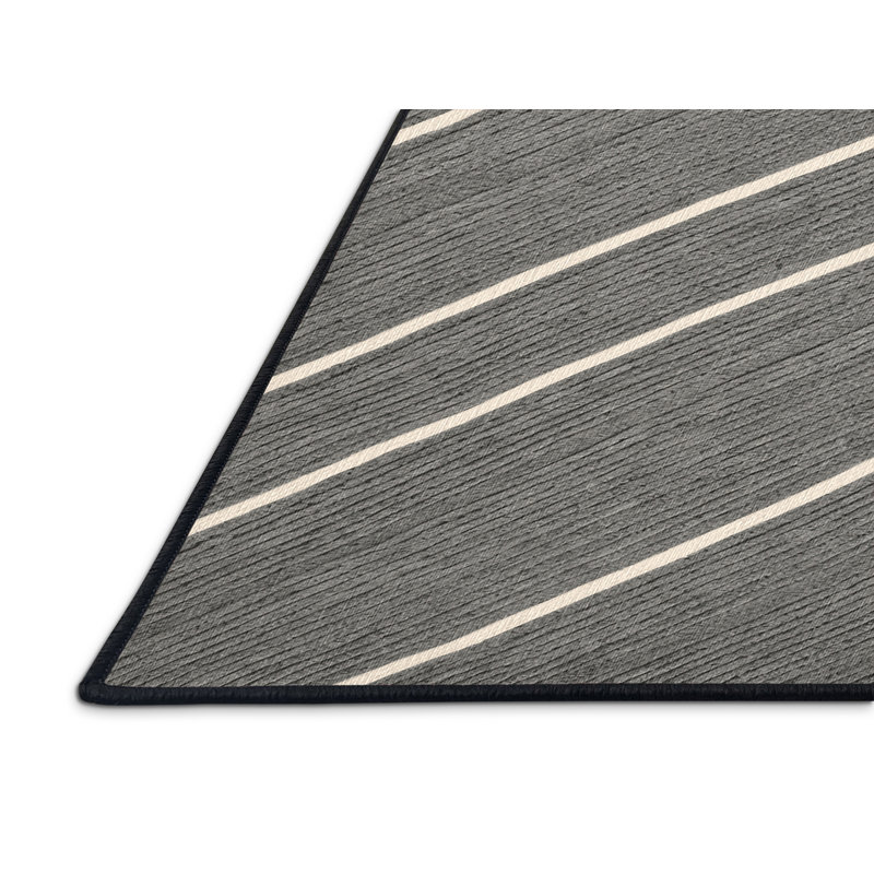 Washable Stone Gray Cream Striped Area Rug, Round 3'
