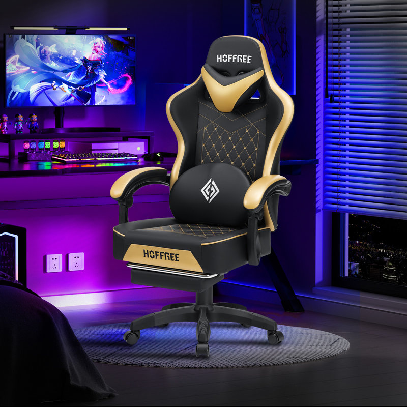 Ivy Bronx Adjustable Reclining Ergonomic Faux Leather PC & Racing Game Chair with Vibration Lumbar Pillow, Gold/Black