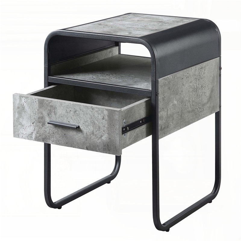 Table de bout en béton gris avec tiroir et tablette - structure noire