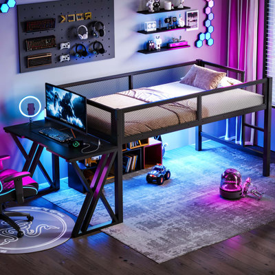 Space-Saving Gaming Loft Bed with Integrated Desk and LED Lighting