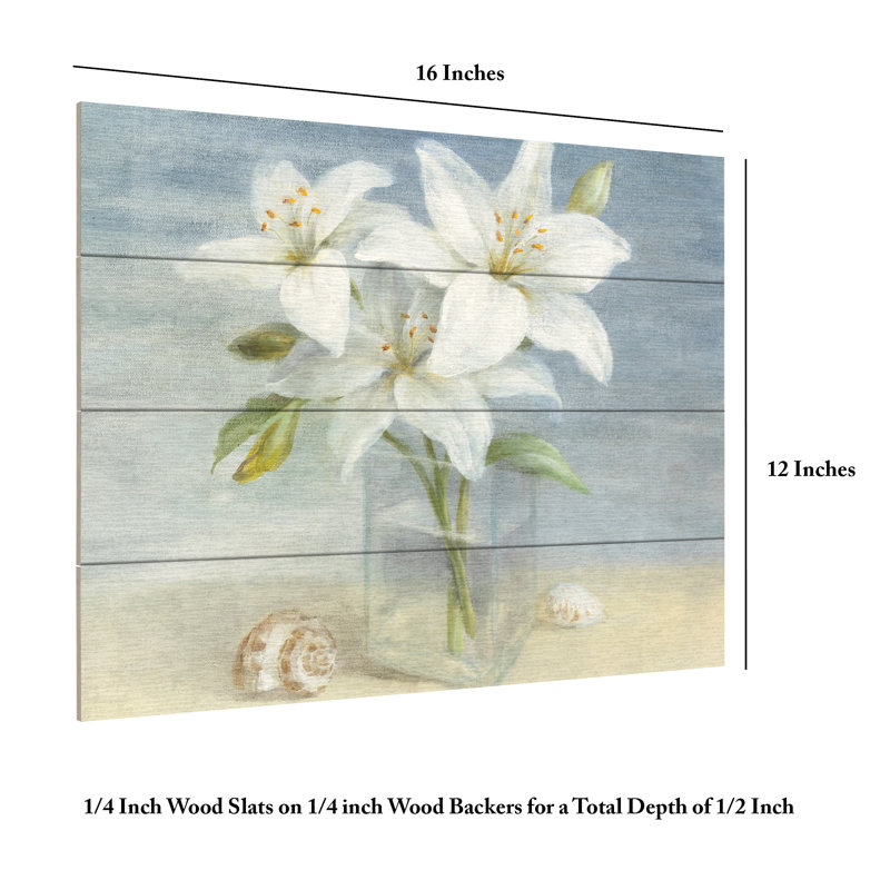 Danhui Nai, lis et coquillages, art en lattes de bois, H 18 po x l 22 po