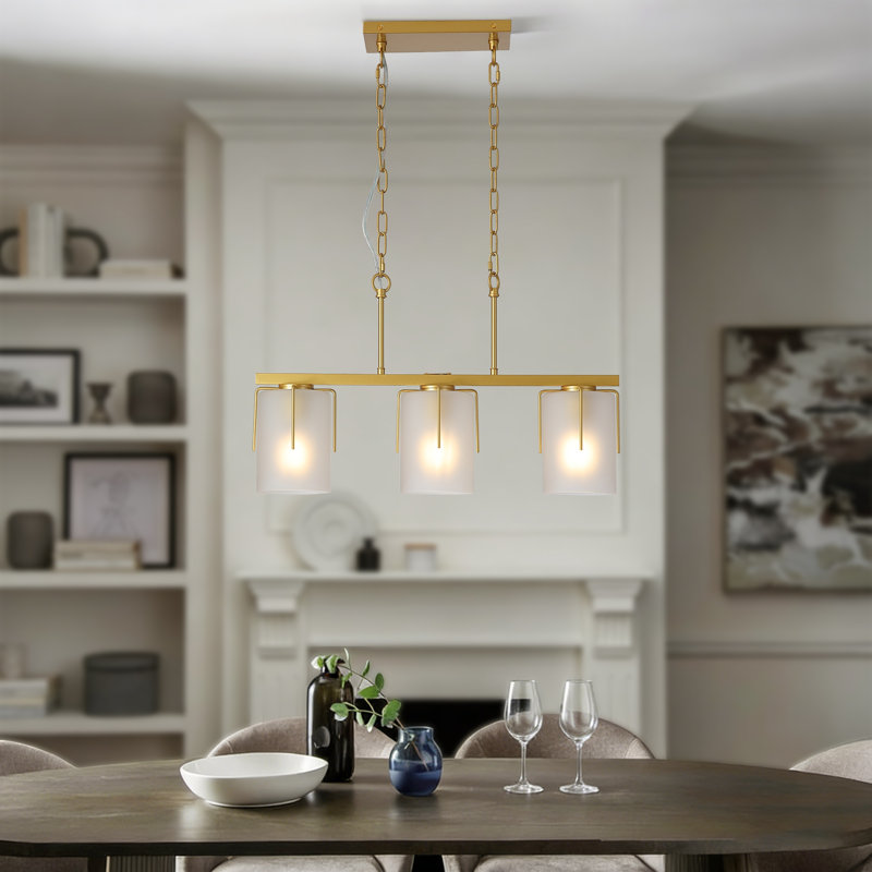 Modern Gold 3-Light Linear Chandelier, E26 Base, Adjustable Height Pendant Light With Milky White Frosted Glass Shades, Industrial Kitchen Island Lighting For Dining Room, Hallway, Entryway (Bulbs Not