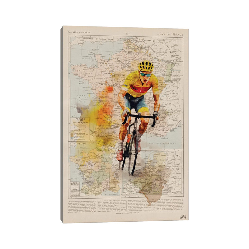 Tour de France, aquarelle, H 12 po x l 8 po x P 0,75 po, Pas de tapis, Toile tendue