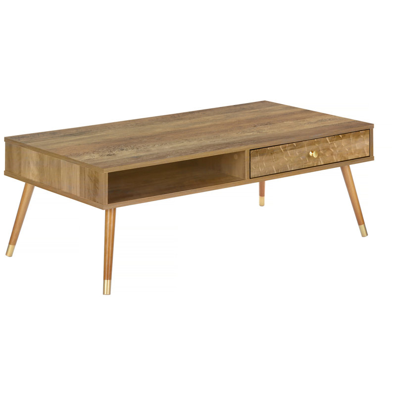 Table basse rectangulaire avec espace de rangement, thème Mid-Century, stratifié noyer, pieds en bois, Advancement,