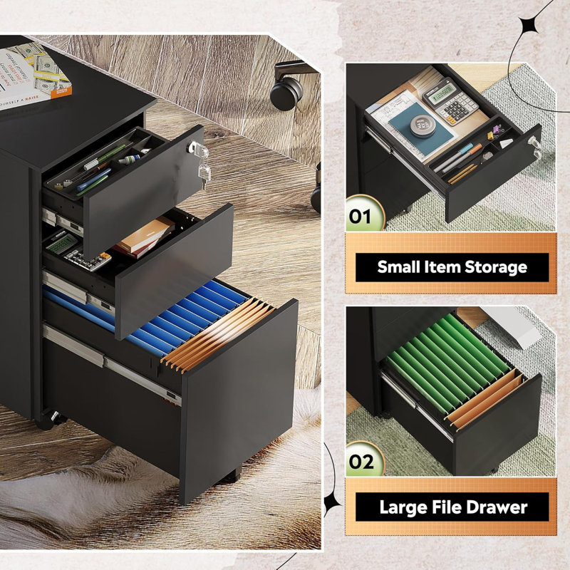 11.8 Inch Small File Cabinet With 3 Drawers, Rolling Filing Cabinet, Black