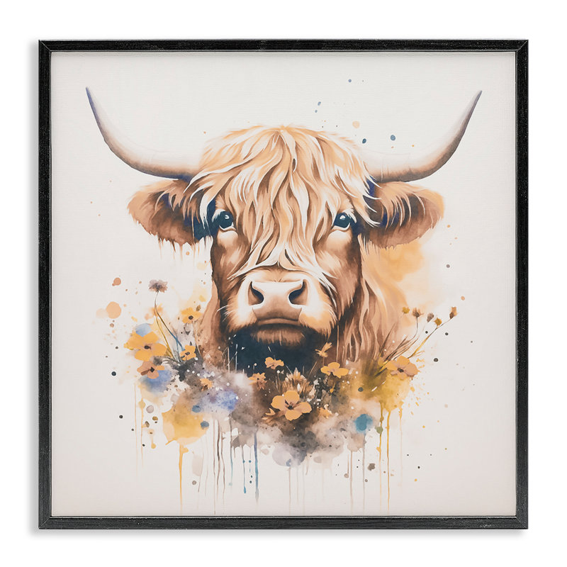 «Fancy Florals Highland Cow», art de la giclée encadrée par Andrea Haase, Giclée encadrée noir minuit, H 17 po x l 17 po