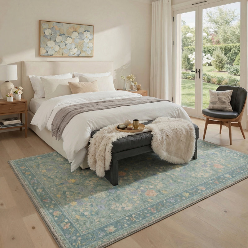 Atascadero Linden Vintage Floral Machine Washable Green Indoor Area Rug with Non-Slip Backing, Round 5'
