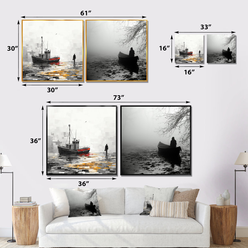 «Grey Lonely Vessel Boating I» - ensemble d'art mural sur toile bord de mer, Toile tendue, H 30 po x l 61 po x P 1 po