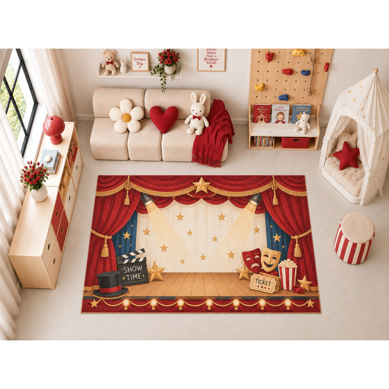 Tapis de scène « ultra-fin » 152 x 213 cm (5 pi x 7 pi) pour chambre d'enfant, garderie, salle de classe et salle de jeux. Doux et à poils courts, avec revêtement antidérapant en silicone.
