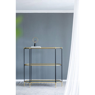 Console à 3 niveaux 48,5 x 16,5 x 50 po, tablette miroir en or noir