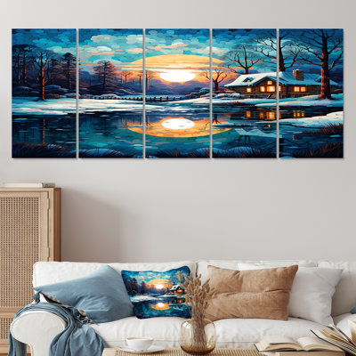 «Winter Cottage Blue Snow Sunset Forest - Winter Landscape», art mural sur toile 5 pièces