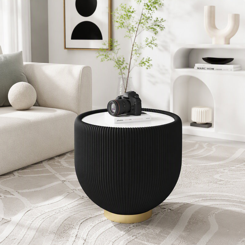 Table d'appoint ronde moderne en pierre frittée avec rebord en cuir