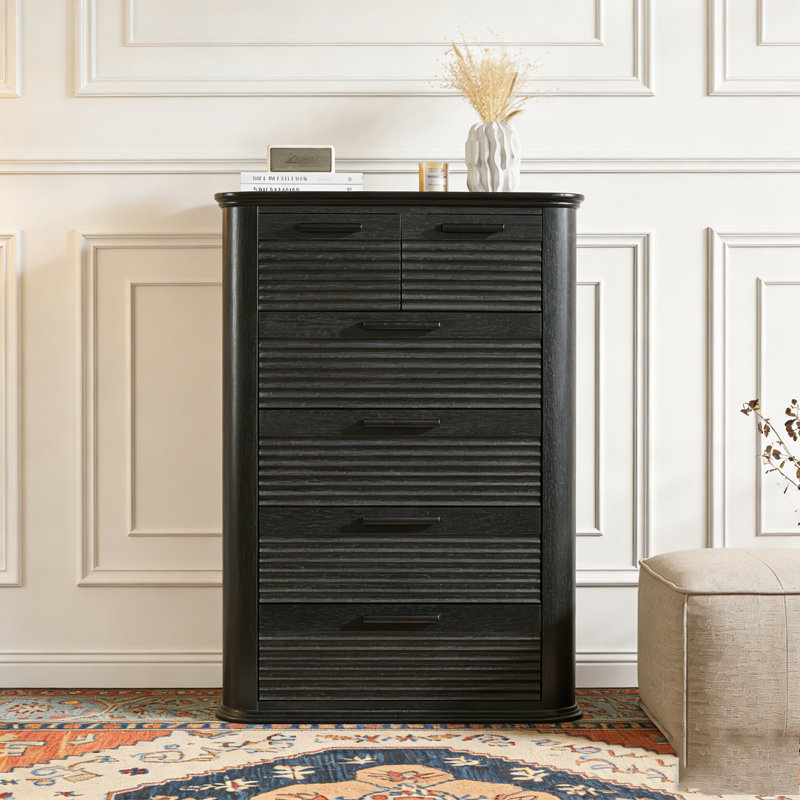 5 Drawers Dresser for Bedroom, 45" Tall Dresser with Curved Profile Design, Black Woodgrain