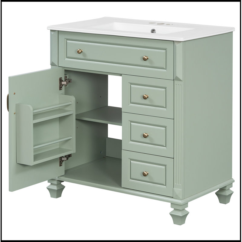Meuble-lavabo de salle de bain avec comptoir, tiroir escamotable, 3 tiroirs et armoire de rangement, Green