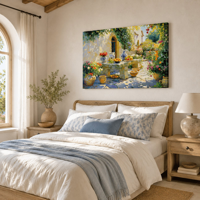 «Courtyard Flowers and Fruit Table», art mural sur toile tendue, H 36 po x l 48 po