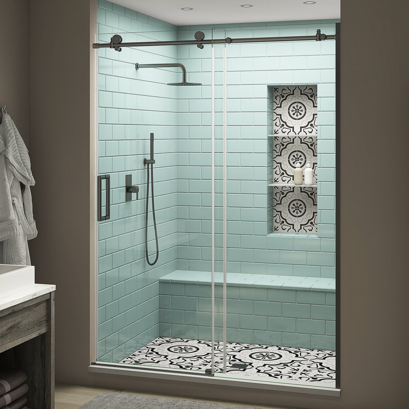Coraline XL 44" W x 80" H Single Sliding Frameless Shower Door, Right Opening, Oil Rubbed Bronze
