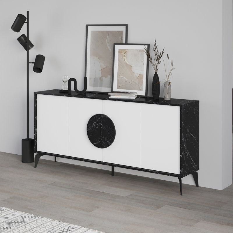 Chani Modern Wide Sideboard Display Unit 180cm, Black Marble/White