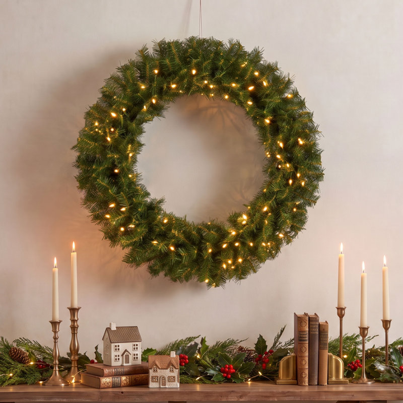 Couronne de sapin 30 po avec 100 lumières à DEL blanc chaud avec minuterie, 30", Pré-éclairé