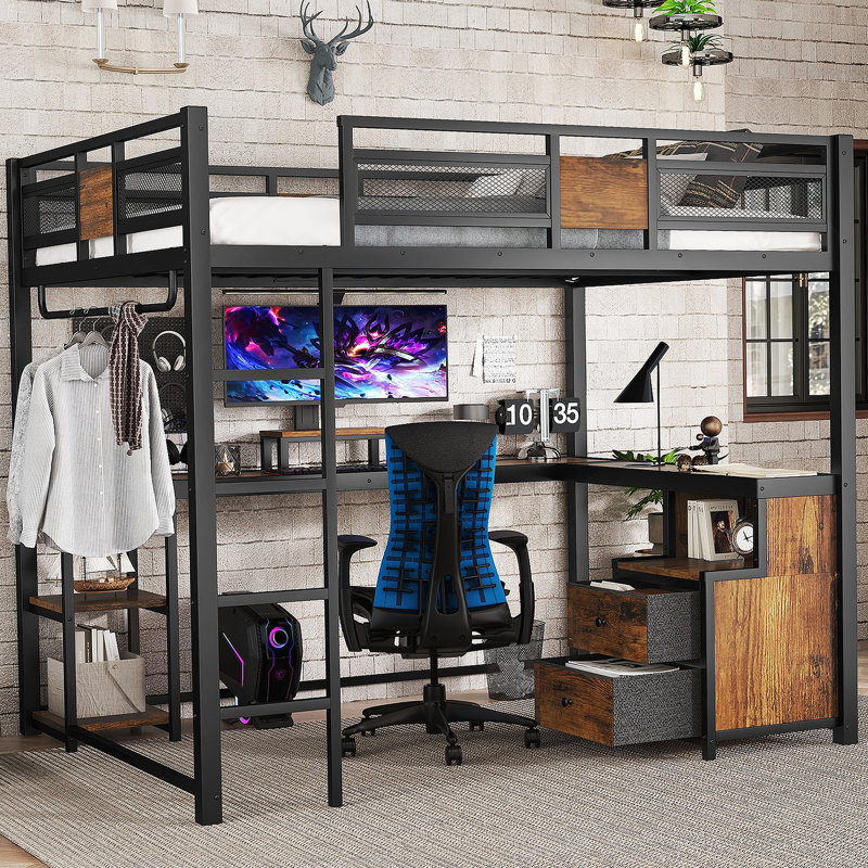 Grand lit mezzanine avec bureau et tiroirs de rangement en tissu non tissé, cadre de lit mezzanine en métal avec échelles, sans nosie et sans sommier, noir