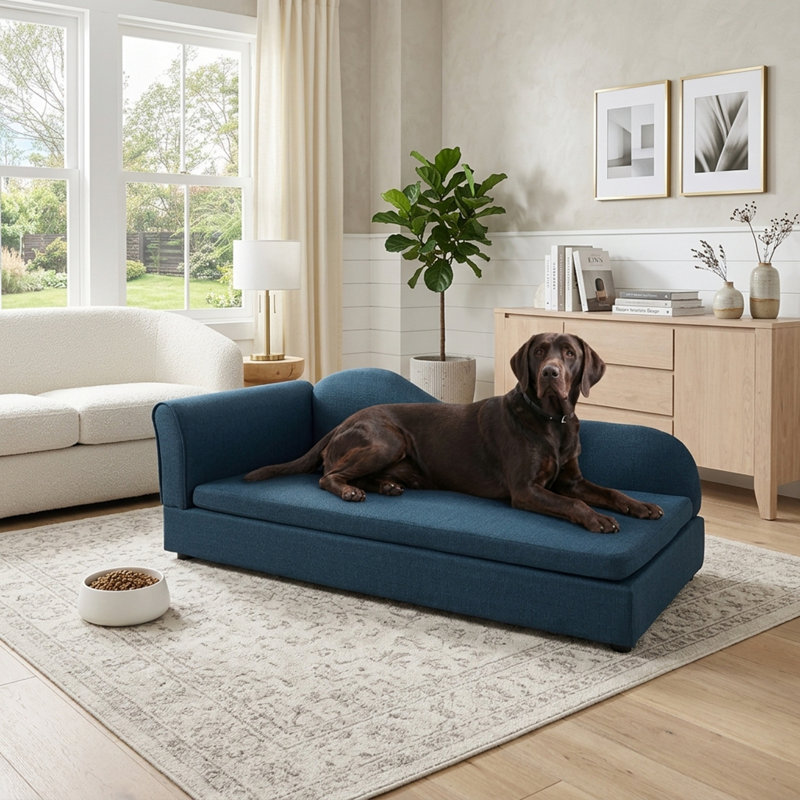 Sofa pour animaux de compagnie avec dossier, accoudoirs et coussin, Bleu très foncé