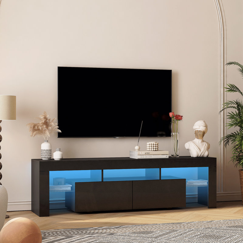 Meuble télé ultrabrillant avec lumières DEL pour téléviseur de 65 po ou moins, console de télévision moderne avec armoires de rangement pour le salon