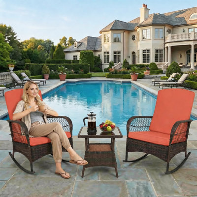 3-Piece Rocking Bistro Set, PE Wicker Outdoor Conversation Chairs with Cushions & Tempered Glass Table, Orange Red Rocking Chair Set for Porch Lawn Ga by Highland Dunes