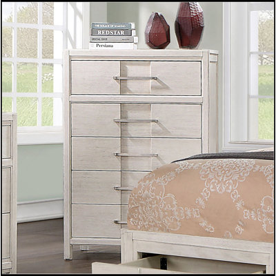 Commode 1 pièce style transitionnel à queue d'aronde anglaise à cinq tiroirs avec poignées courbées et finition blanche