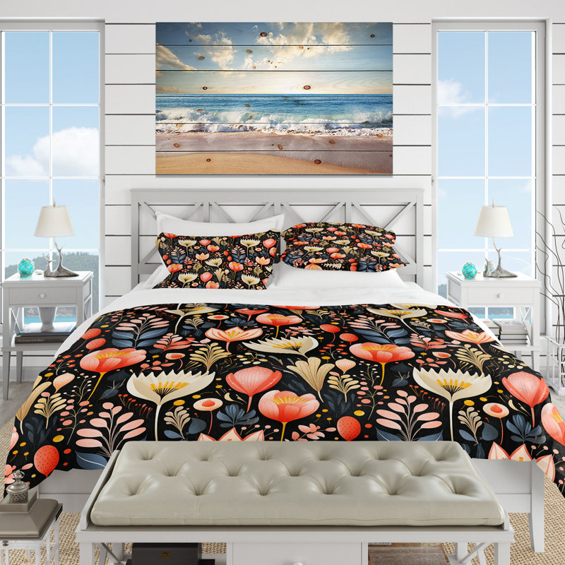 Botanical Multicolor Leaves On Black Pattern I Duvet Cover, King Duvet Cover + 2 King Shams