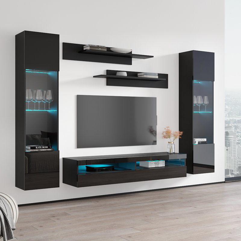 100" Modern Floating Wall Mounted Entertainment Center with 16-Color LED Lighting, High Gloss Finish, Black