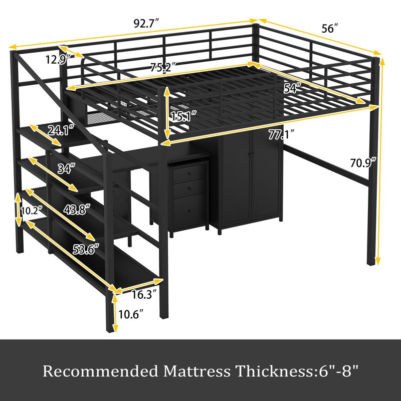 Lit mezzanine en métal avec ensemble de table et garde-robe, double, noir