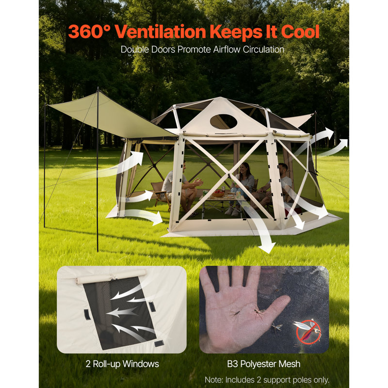 Tente escamotable avec abri de jardin, 15 x 15 pi, auvent de camping sphérique à 13 côtés avec toit amovible et sac de transport, à fixation rapide et à l'épreuve des piqûres, abri de soleil pour 12 à 15 personnes, beige