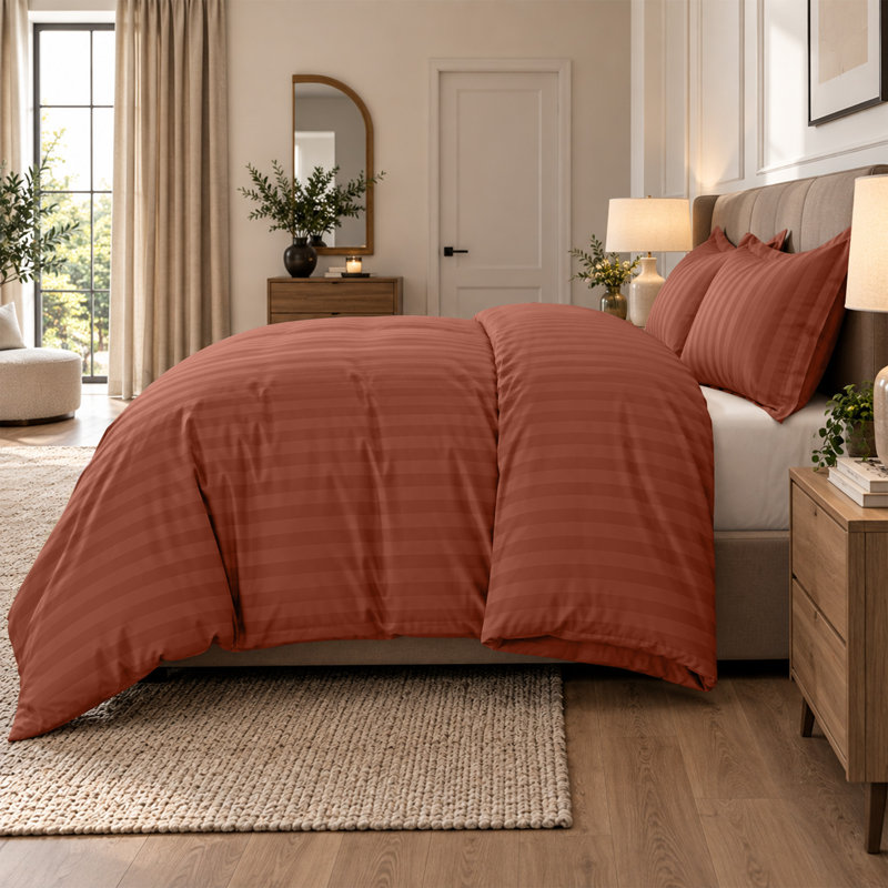 Microfiber Striped Duvet Cover Set with Pillowcases Included, Kingsize Duvet Cover Set + 2 Pillowcases, Rust