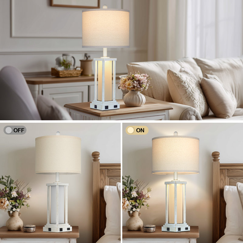 27” Tall Vintage USB Table Lamp Set with Nightlight, Bulb Included, White