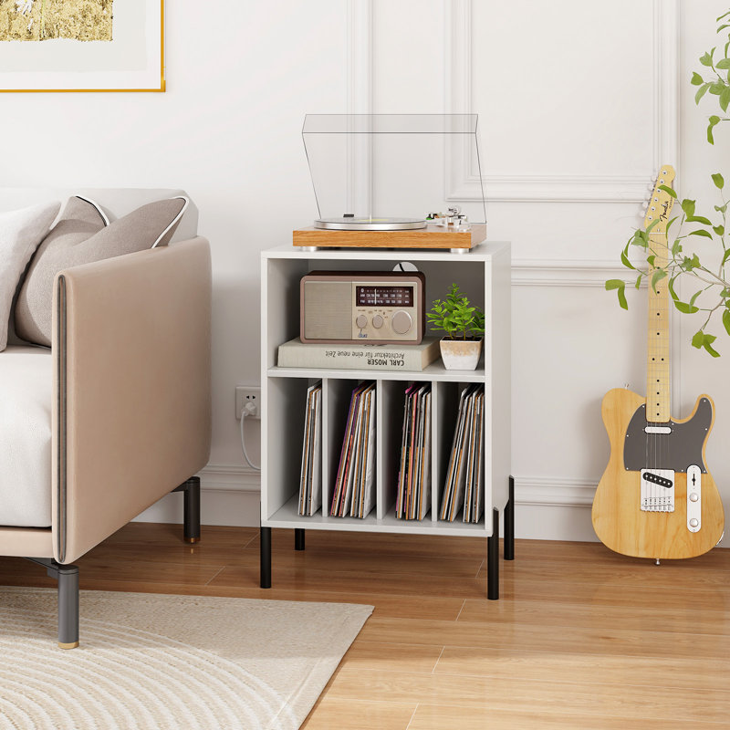 Record Player Stand w/Charging Station 5 Storage Compartments Anti-toppling Kits, White