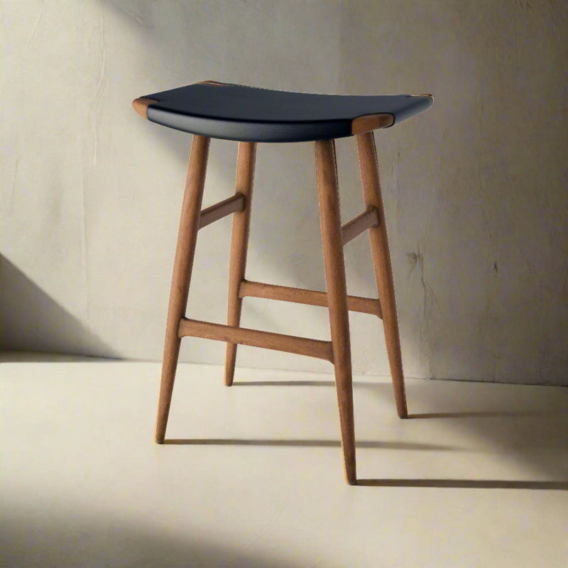 Freja Upholstered Stool with Solid Wood Frame, Saddle Leather Black, Natural Walnut