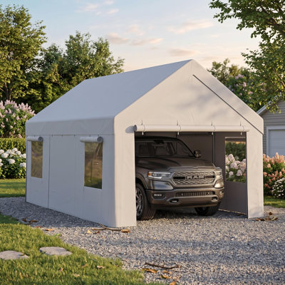 Heavy Duty 13x25x10 FT Carport Canopy, Portable Garage Shelter - Galvanized Steel Frame - Waterproof All-Weather Storage Tent w/ 6 Zipper Roll-Up Doors & 4 Mesh Windows - White