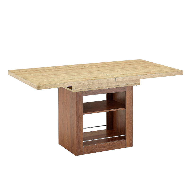Une table de salle à manger extensible avec espace de rangement, une table de salle à manger extensible de 59 à 71 pouces. Table à tirer rectangulaire en bois avec structure en panneau de fibres à densité moyenne de couleur noyer pouvant accueillir 4 à 8 personnes.