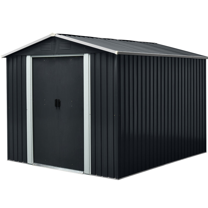 Remise extérieure en métal - construction en fer galvanisé, quatre évents perforés, portes coulissantes cadenassables, étapes de montage simples dans la structure, évents pour une ventilation adéquate, portes