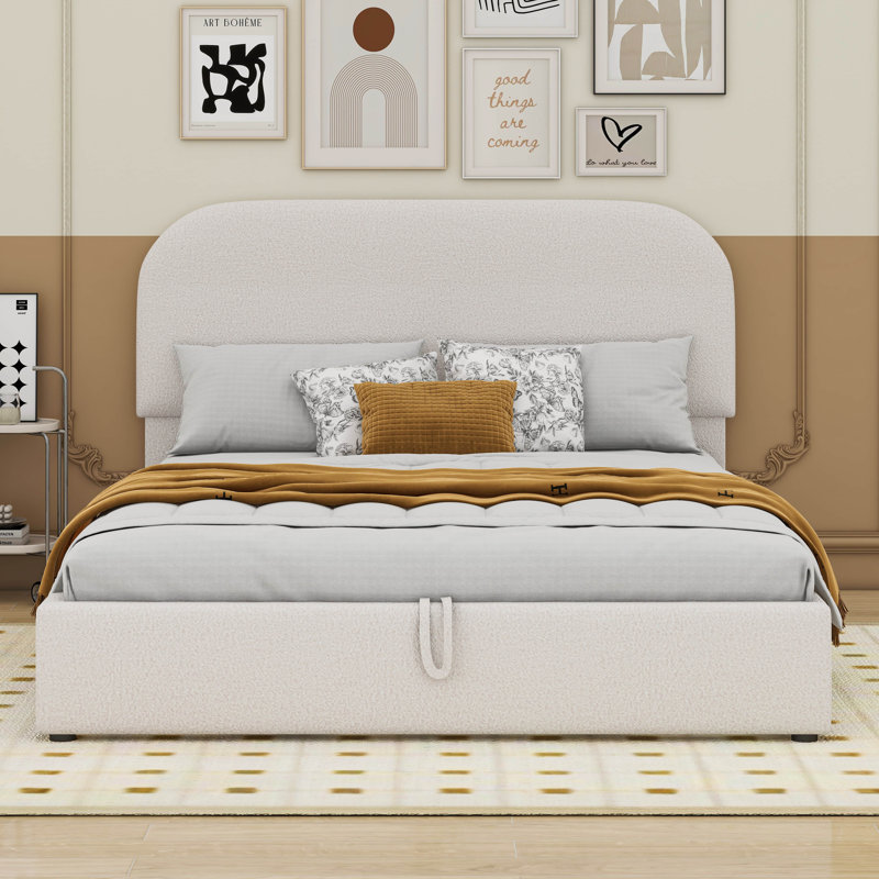 Teddy Fleece Upholstered Platform Bed with Hydraulic Storage System, Full, White