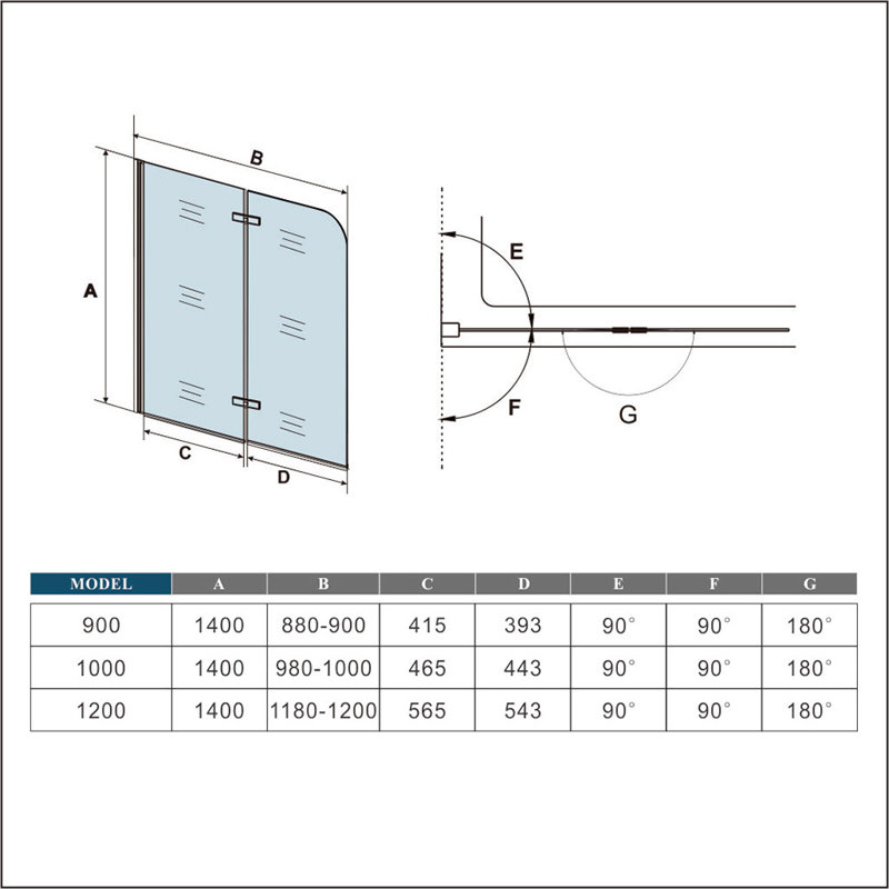 180 Hinge 2 Fold Bath Shower Screen Door Panel 1400mm Height, 1200cm W, Matte Black